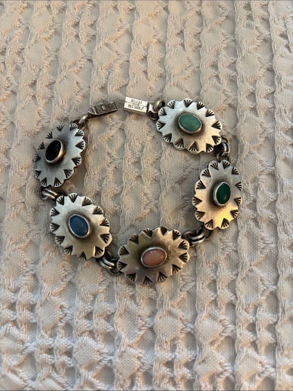Sterling Silver Multi-Stone Concho Bracelet - Green, Blue, Pink, Black